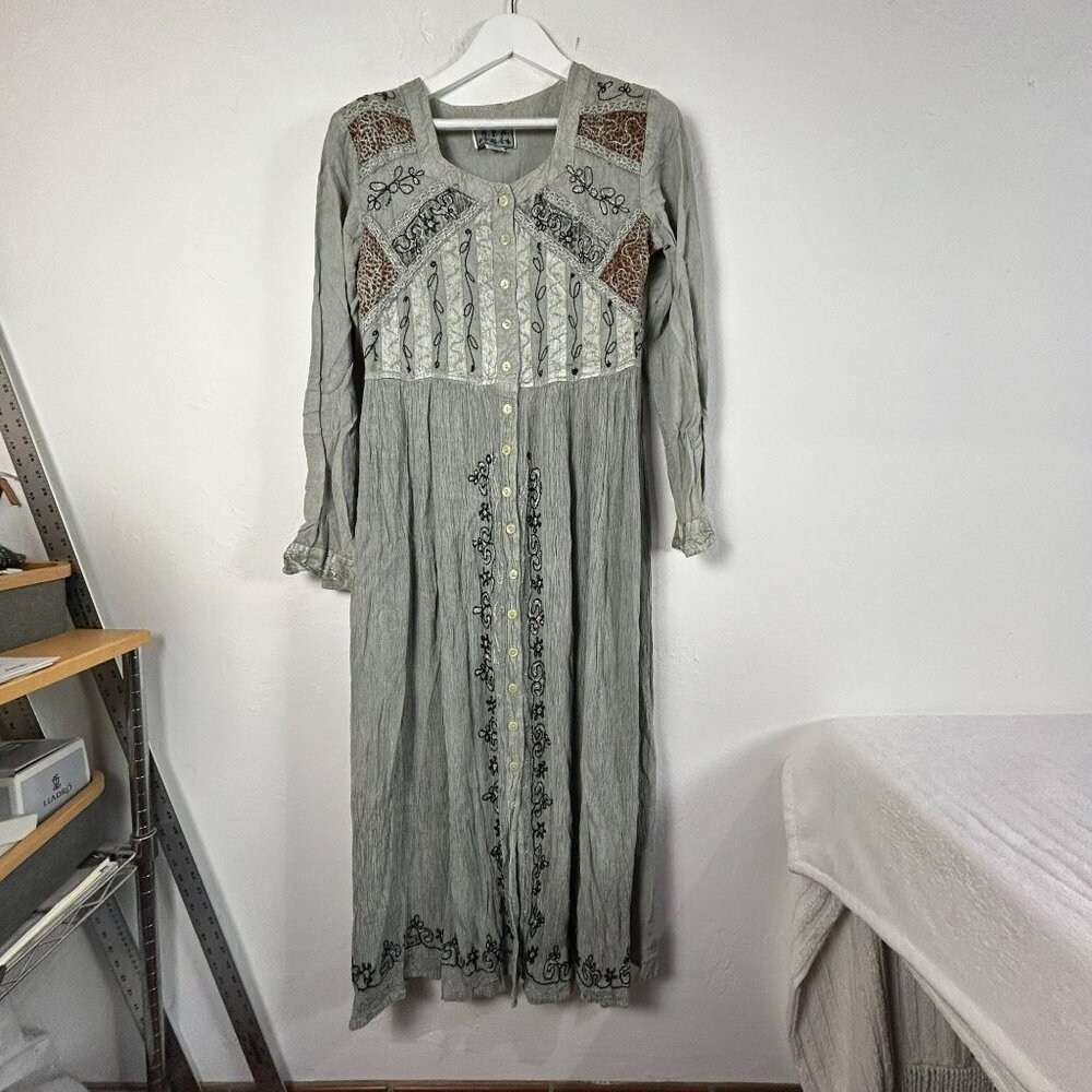 M.P.H Women's Embroidered Button Front Long Sleeve Casual Maxi Dress Gray Medium